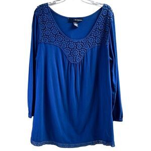 DENIM 24/7 Ladies 3/4 Sleeve Scoop Neck Floral Crocheted Neckline Hem Size 1X